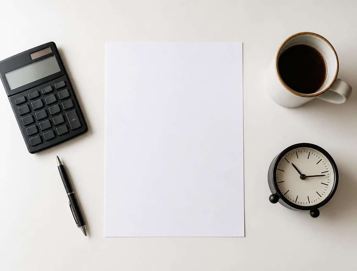 Calculadora, caneta, relógio e xícara de café sobre mesa branca, representando o cálculo de horas extras