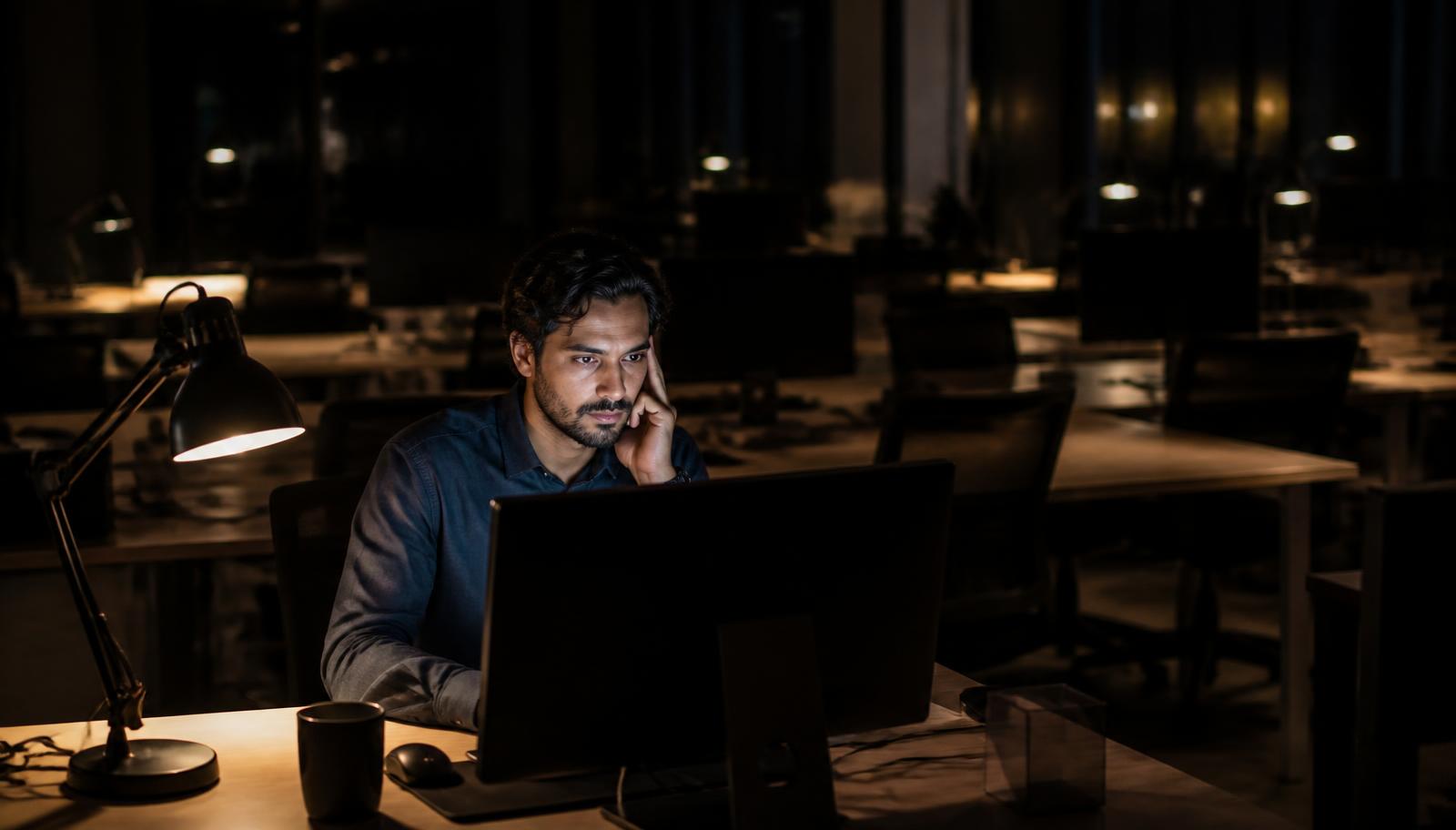 Trabalhador diante do computador em escritório vazio à noite, cumprindo horas extras