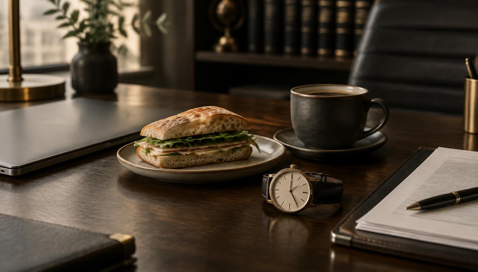 Mesa de escritório durante o intervalo para almoço, com sanduíche, café, relógio marcando o horário de pausa e laptop fechado