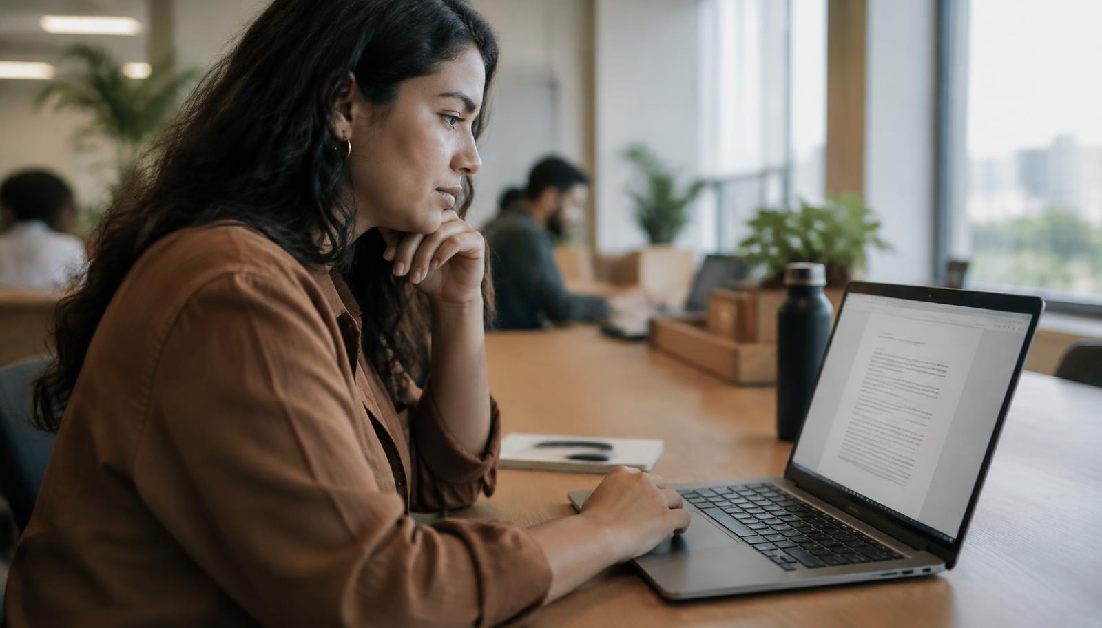 Profissional analisando contrato digital em laptop em escritório compartilhado