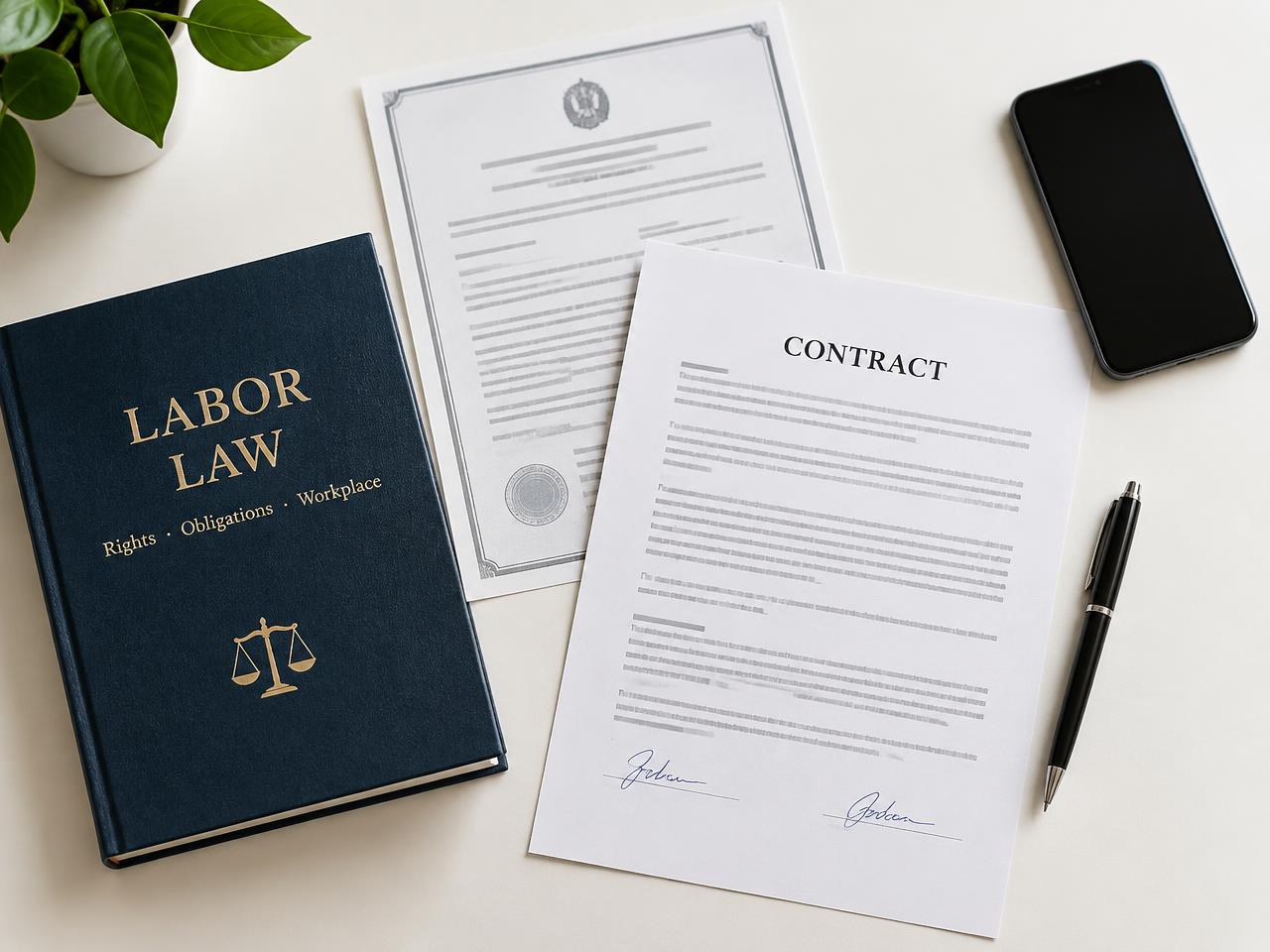 Livro de direito do trabalho, contrato assinado e documentos sobre uma mesa